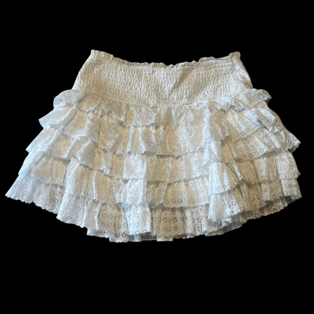 American Eagle White Lace Tiered Ruffle Mini Skort Smocked Waist Small - Picture 2 of 6